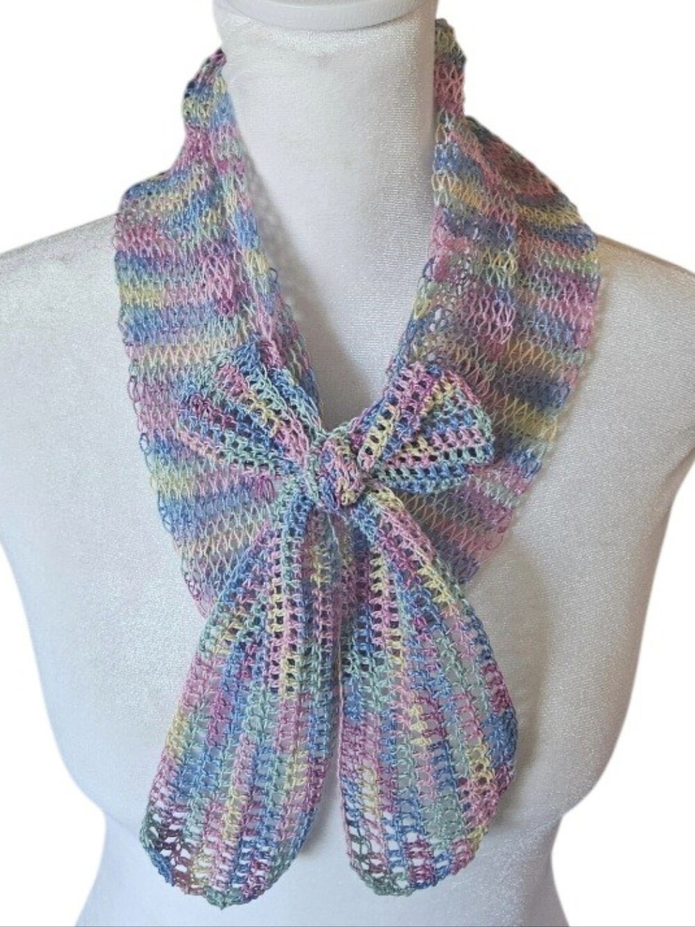 Handmade Crochet Lace Scarf Pastel Blossom Bow Egyptian Cotton Knit Neck Wrap